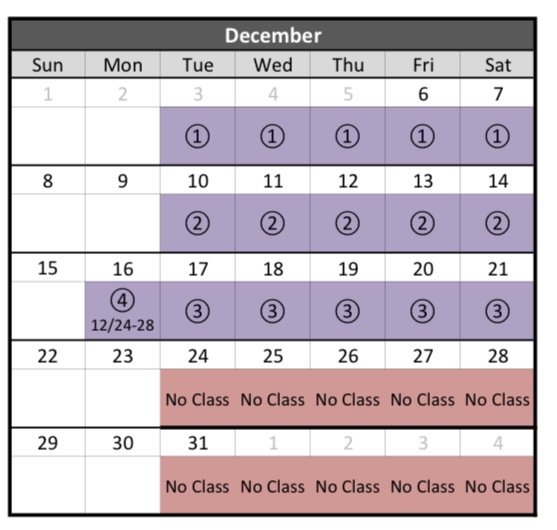 December Class Calendar