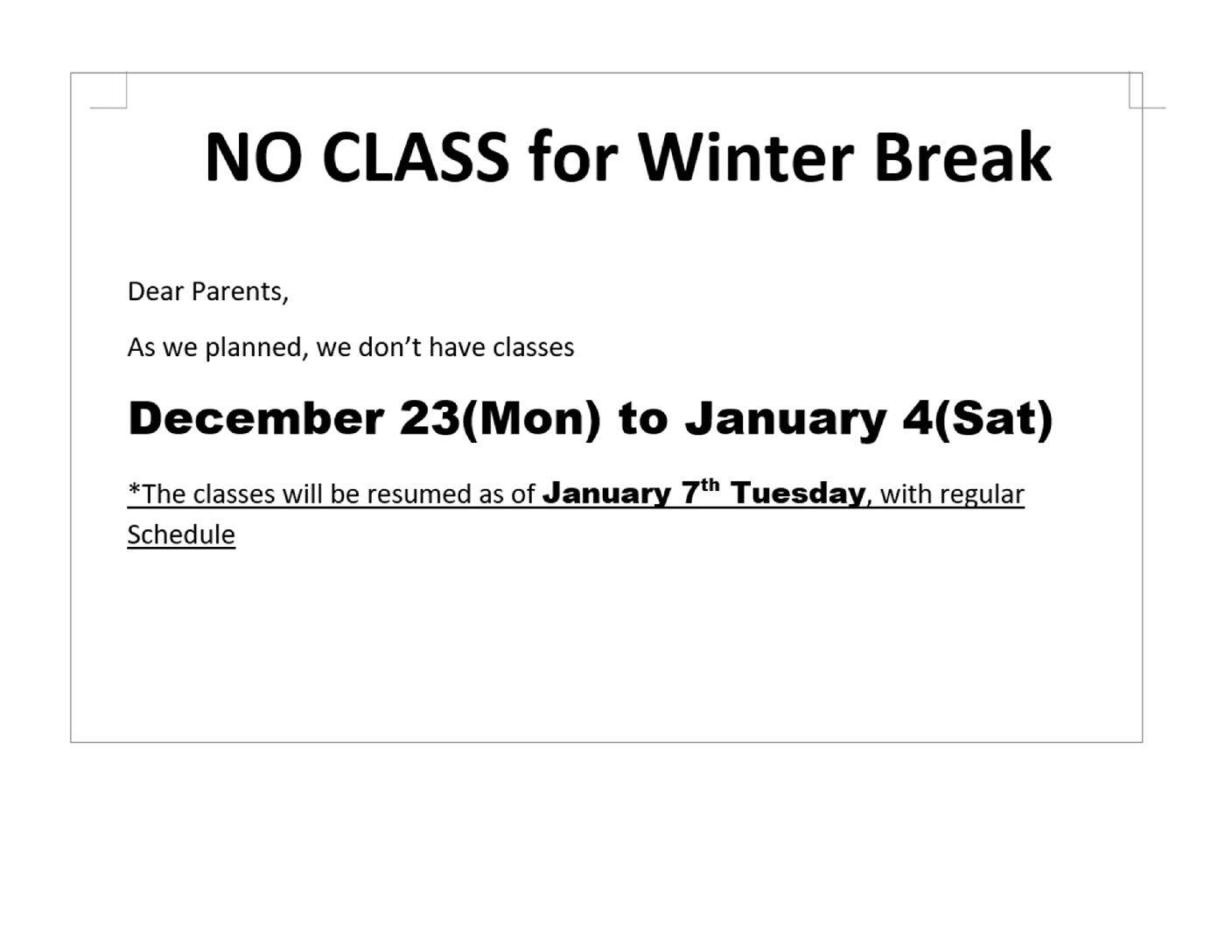 No Class for Winter Break